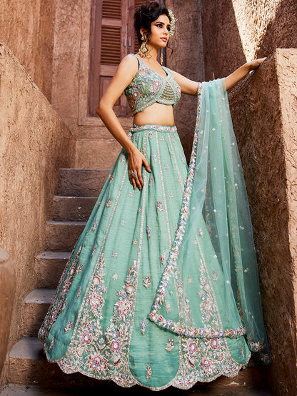 Women's Sea Green colour Tissue Sequinse embroidery Lehenga choli & Dupatta