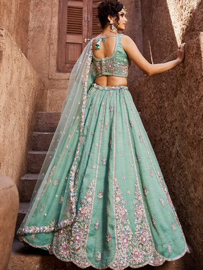 Women's Sea Green colour Tissue Sequinse embroidery Lehenga choli & Dupatta