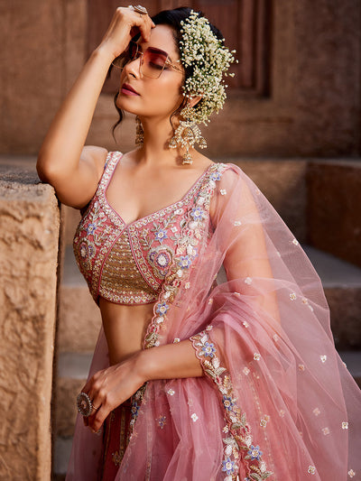 Women's Pink colour Tissue Sequinse embroidery Lehenga choli & Dupatta