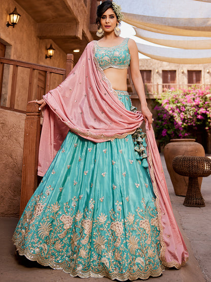 Women's Turquoise blue Satin Silk Sequins embroidery Lehenga choli & Dupatta