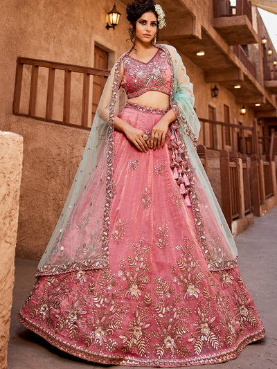 Women's Pink Tissue Sequinse embroidery Lehenga choli & Dupatta