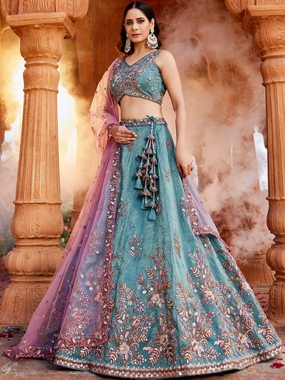 Women's Blue Tissue Sequinse embroidery Lehenga choli & Dupatta