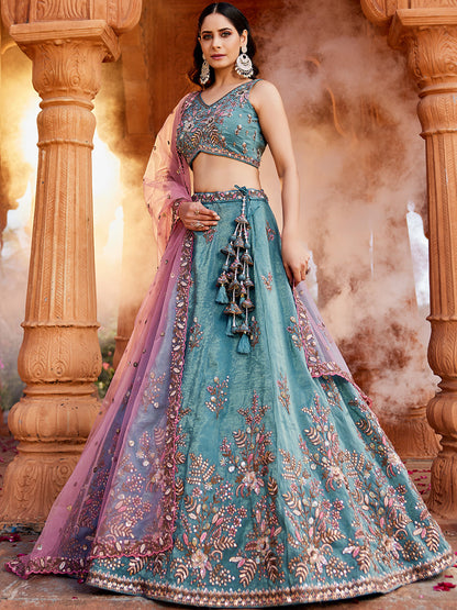 Women's Blue Tissue Sequinse embroidery Lehenga choli & Dupatta