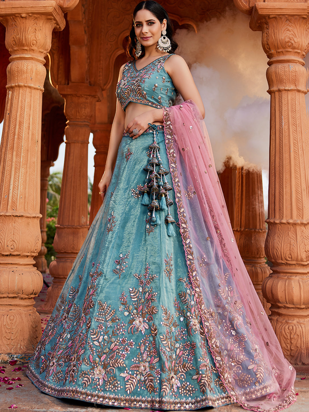 Women's Blue Tissue Sequinse embroidery Lehenga choli & Dupatta