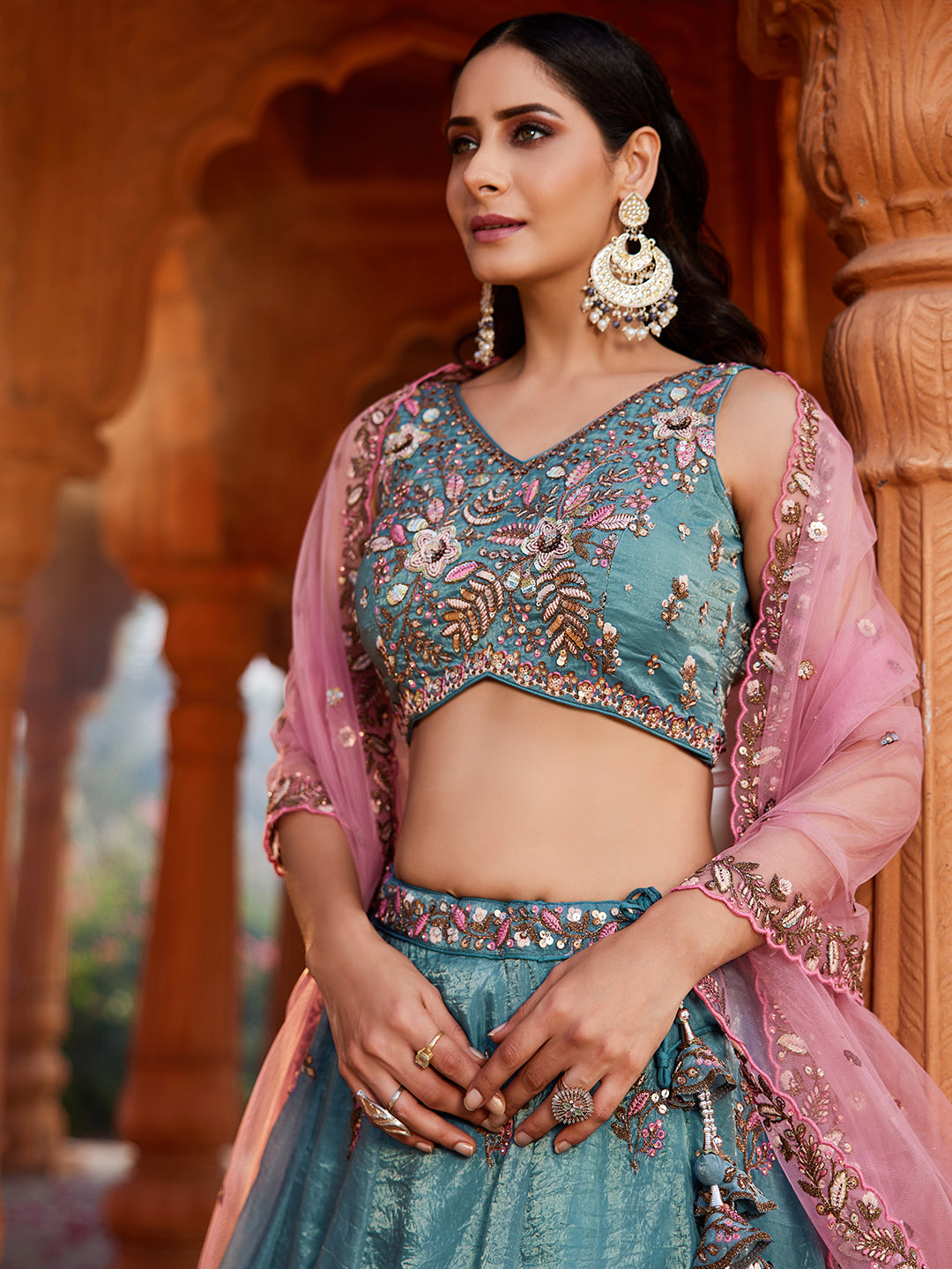 Women's Blue Tissue Sequinse embroidery Lehenga choli & Dupatta
