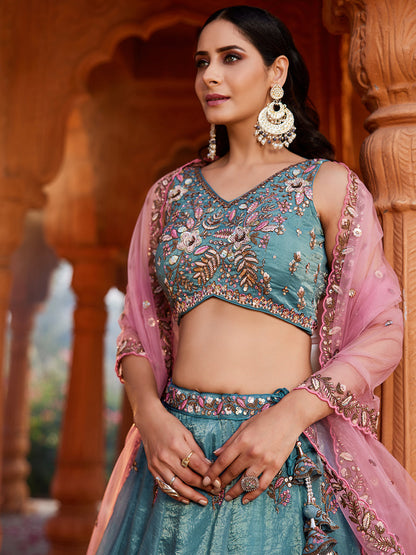 Women's Blue Tissue Sequinse embroidery Lehenga choli & Dupatta
