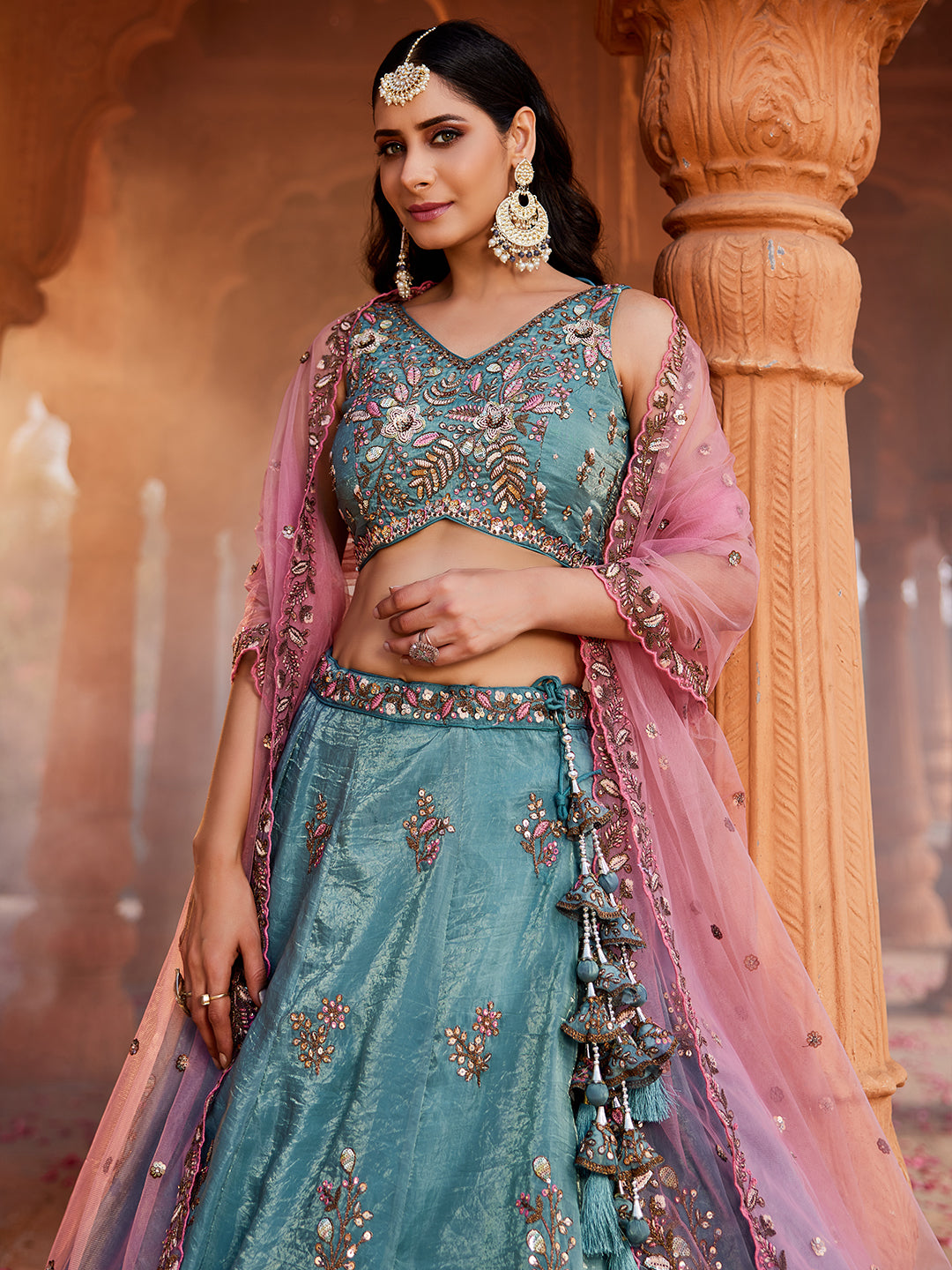 Women's Blue Tissue Sequinse embroidery Lehenga choli & Dupatta