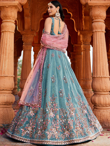 Women's Blue Tissue Sequinse embroidery Lehenga choli & Dupatta
