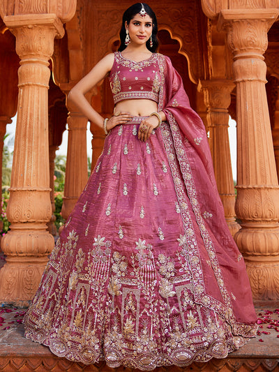 Women's Pink Tissue Handwork cutdana embroidery Lehenga choli & Dupatta