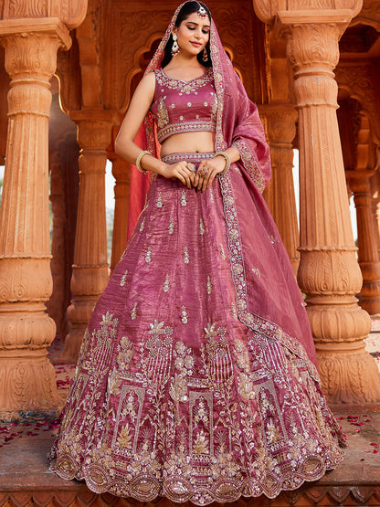 Women's Pink Tissue Handwork cutdana embroidery Lehenga choli & Dupatta