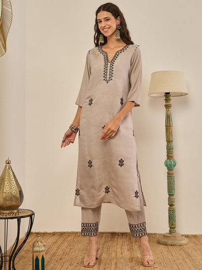 Indyancart VV Saundh Blue Silk Blend Embroidered Kurta Set Suits