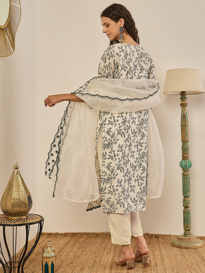 Indyancart VV Vyomika Cream Silk Blend Kurta with Trousers & Dupatta Suits