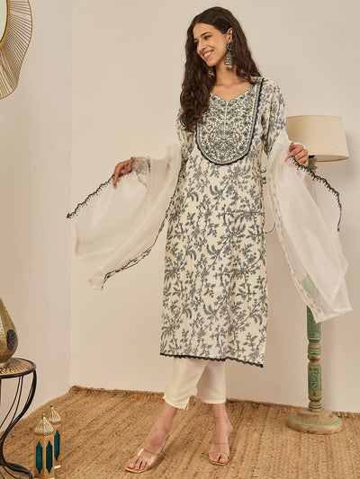 Indyancart VV Vyomika Cream Silk Blend Kurta with Trousers & Dupatta Suits