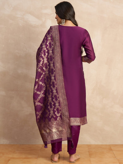 Indyancart VV Paneri Purple Women's Silk Blend Banarasi Jacquard Zari Woven Straight Kurta Pant with Dupatta Set