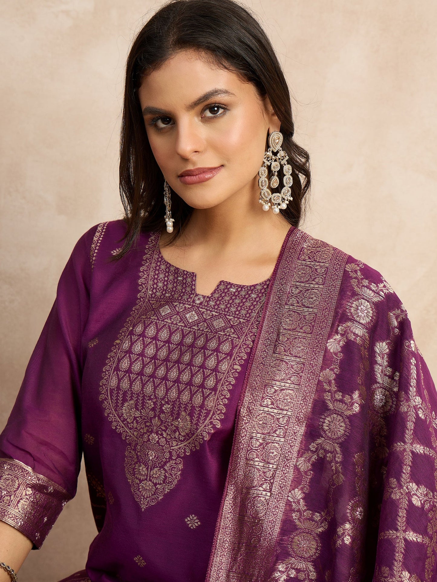 Dhiyona VV Paneri Purple Women's Silk Blend Banarasi Jacquard Zari Woven Straight Kurta Pant with Dupatta Set