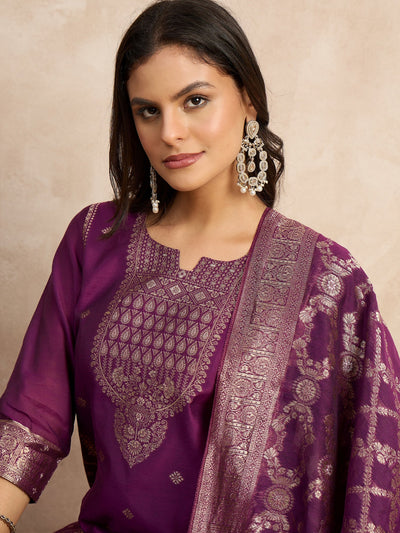 Indyancart VV Paneri Purple Women's Silk Blend Banarasi Jacquard Zari Woven Straight Kurta Pant with Dupatta Set