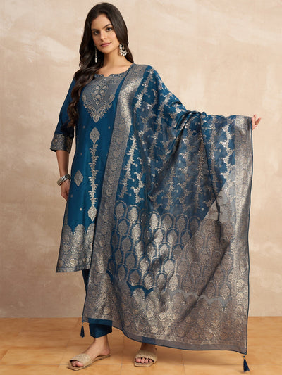 Indyancart VV Paneri Teal blue Women's Silk Blend Banarasi Jacquard Zari Woven Straight Kurta Pant with Dupatta Set