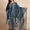 Dhiyona VV Paneri Teal blue Women's Silk Blend Banarasi Jacquard Zari Woven Straight Kurta Pant with Dupatta Set