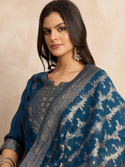 Indyancart VV Paneri Teal blue Women's Silk Blend Banarasi Jacquard Zari Woven Straight Kurta Pant with Dupatta Set