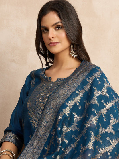 Dhiyona VV Paneri Teal blue Women's Silk Blend Banarasi Jacquard Zari Woven Straight Kurta Pant with Dupatta Set