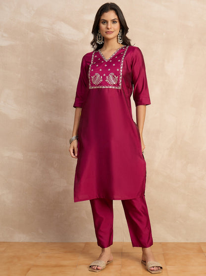 Dhiyona VV Aakar Purple Women's Silk Blend Embroidery Kurta Pant Set with Dupatta