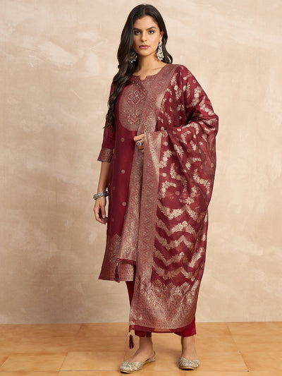 Indyancart VV Paneri Red Women's Silk Blend Banarasi Jacquard Zari Woven Straight Kurta Pant with Dupatta Set