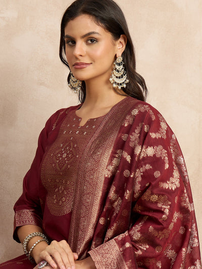Indyancart VV Paneri Red Women's Silk Blend Banarasi Jacquard Zari Woven Straight Kurta Pant with Dupatta Set
