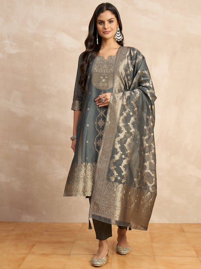 Dhiyona VV Paneri Grey Women's Silk Blend Banarasi Jacquard Zari Woven Straight Kurta Pant with Dupatta Set