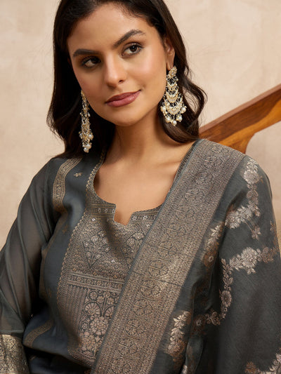 Indyancart VV Paneri Grey Women's Silk Blend Banarasi Jacquard Zari Woven Straight Kurta Pant with Dupatta Set