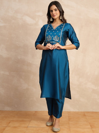 Indyancart VV Aakar Teal Women's Silk Blend Embroidery Kurta Pant Set with Dupatta