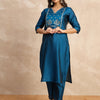 Dhiyona VV Aakar Teal Women's Silk Blend Embroidery Kurta Pant Set with Dupatta