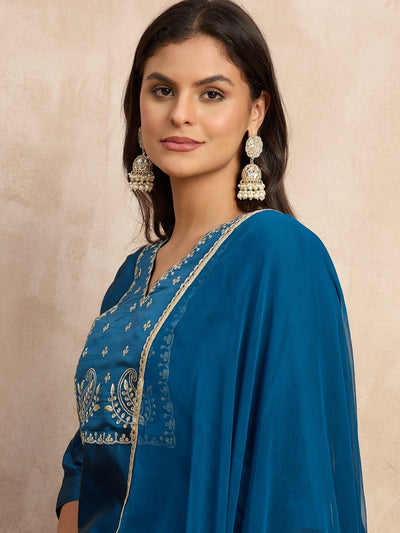 Indyancart VV Aakar Teal Women's Silk Blend Embroidery Kurta Pant Set with Dupatta