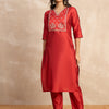 Dhiyona VV Aakar Red Women's Silk Blend Embroidery Kurta Pant Set with Dupatta