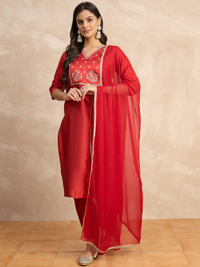 Indyancart VV Aakar Red Women's Silk Blend Embroidery Kurta Pant Set with Dupatta