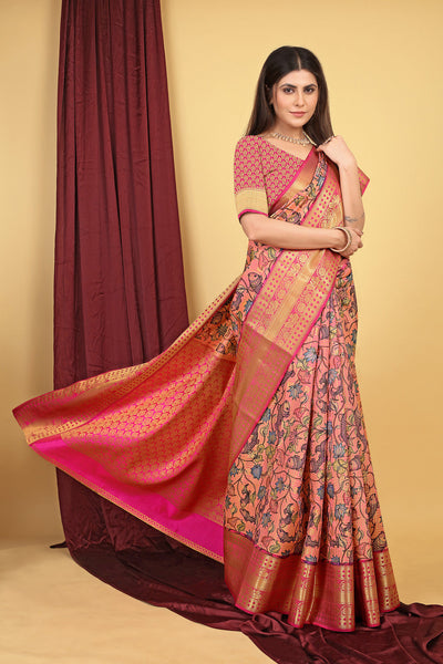 Indyancart GR Women's Pink Kalamkari Silk Saree