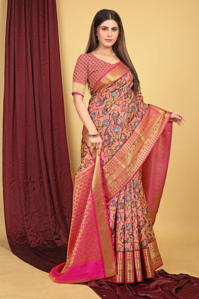 Indyancart GR Women's Pink Kalamkari Silk Saree