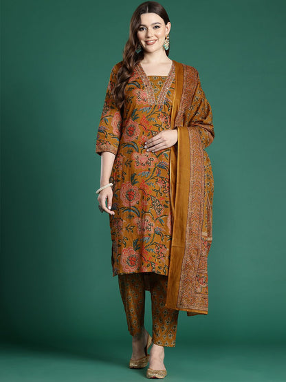 Dhiyona IE Floral Printed Sequinned Pure Cotton Kurta With Trousers & Dupatta