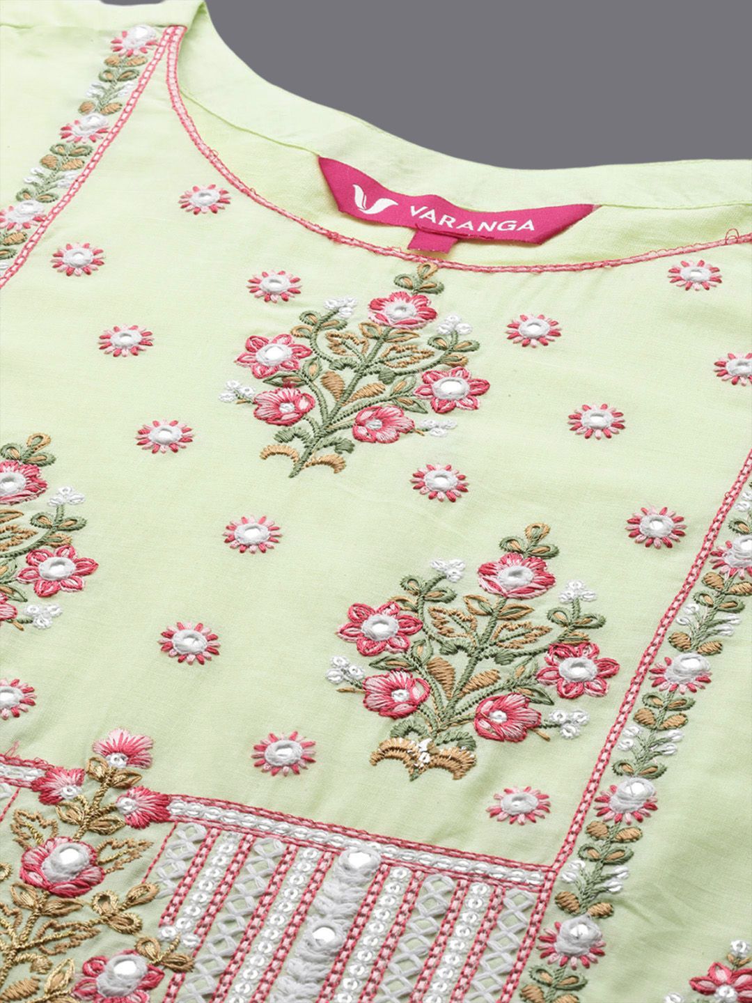 Indyancart VA Women'sFloral Embroidered Pure Cotton Straight Kurta With Trousers & Dupatta