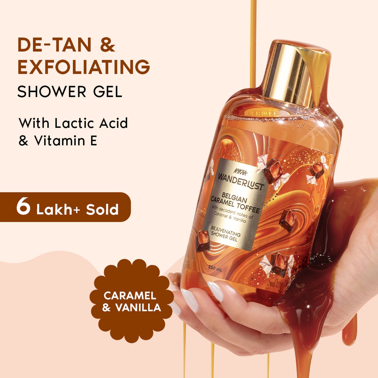 Nykaa Wanderlust Belgian Caramel Toffee Perfume Body Wash Lactic Acid Hydrating Brightening Vanilla