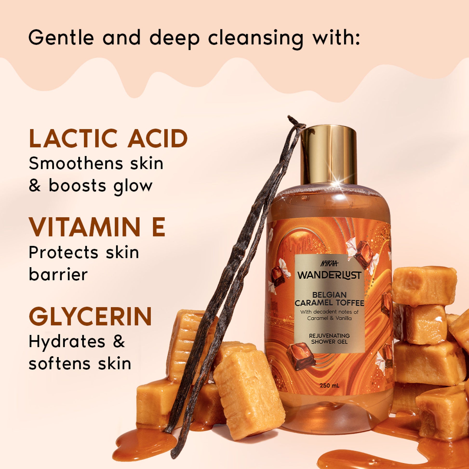Nykaa Wanderlust Belgian Caramel Toffee Perfume Body Wash Lactic Acid Hydrating Brightening Vanilla