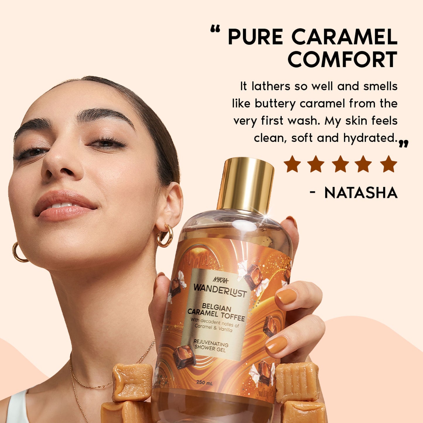 Nykaa Wanderlust Belgian Caramel Toffee Perfume Body Wash Lactic Acid Hydrating Brightening Vanilla