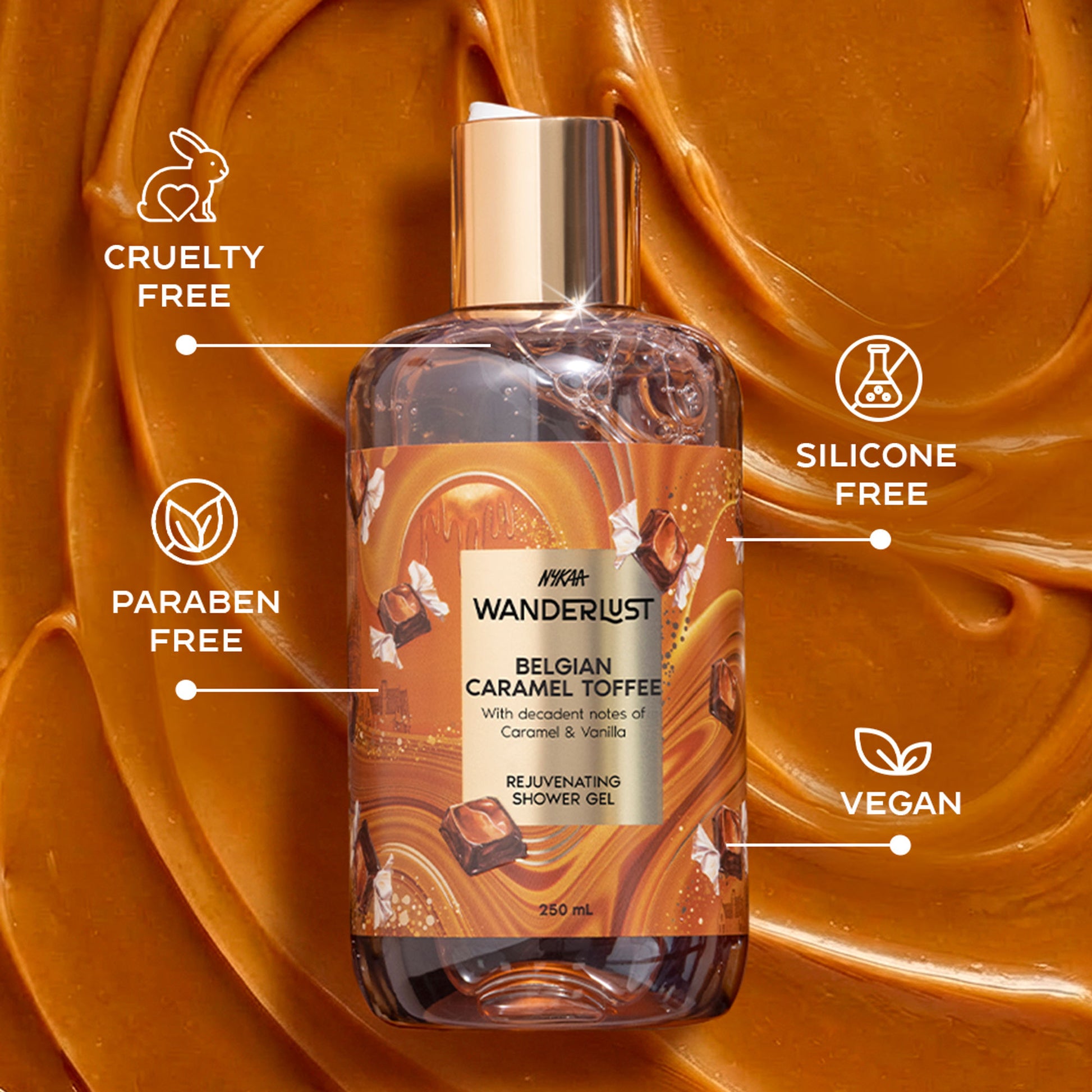 Nykaa Wanderlust Belgian Caramel Toffee Perfume Body Wash Lactic Acid Hydrating Brightening Vanilla