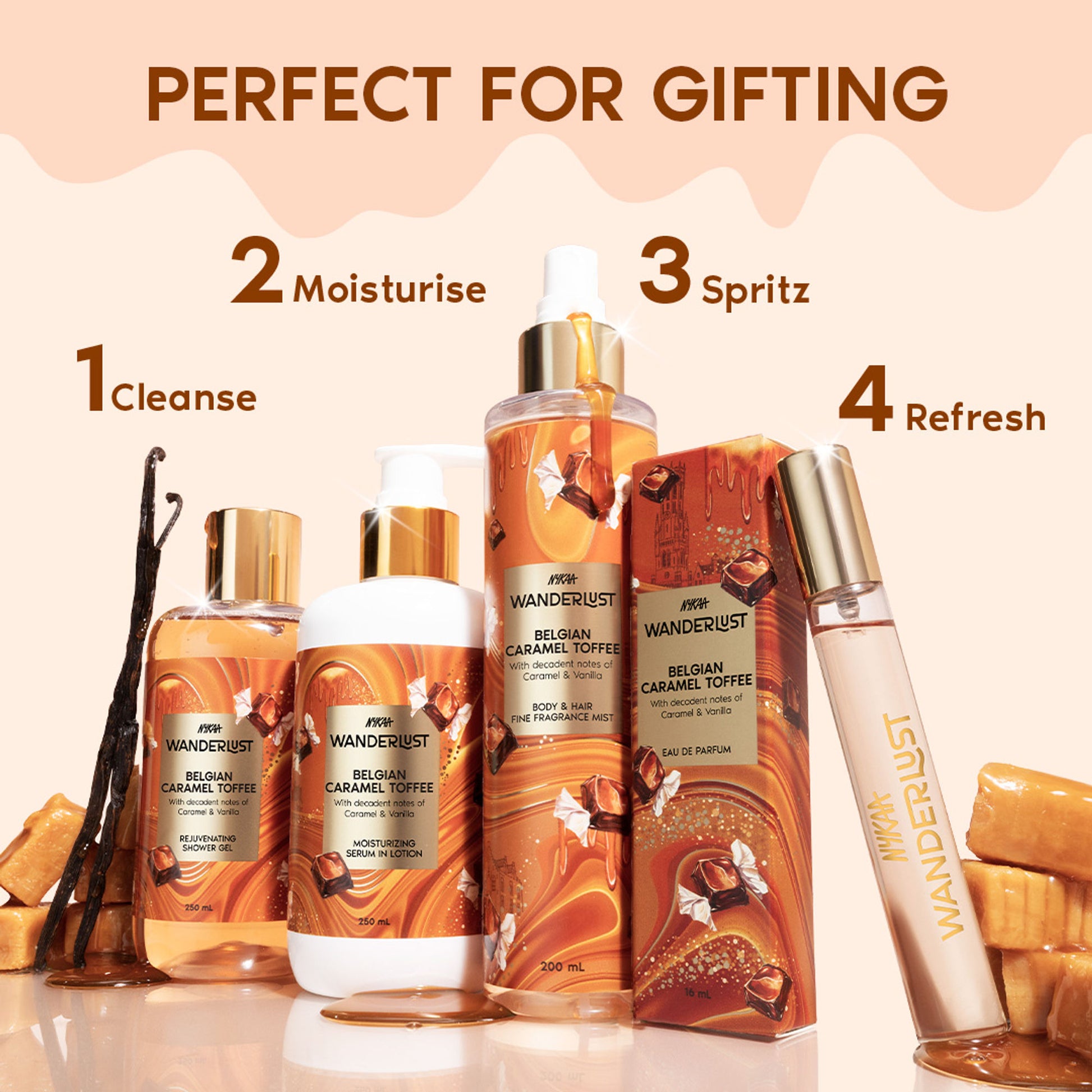 Nykaa Wanderlust Belgian Caramel Toffee Perfume Body Wash Lactic Acid Hydrating Brightening Vanilla
