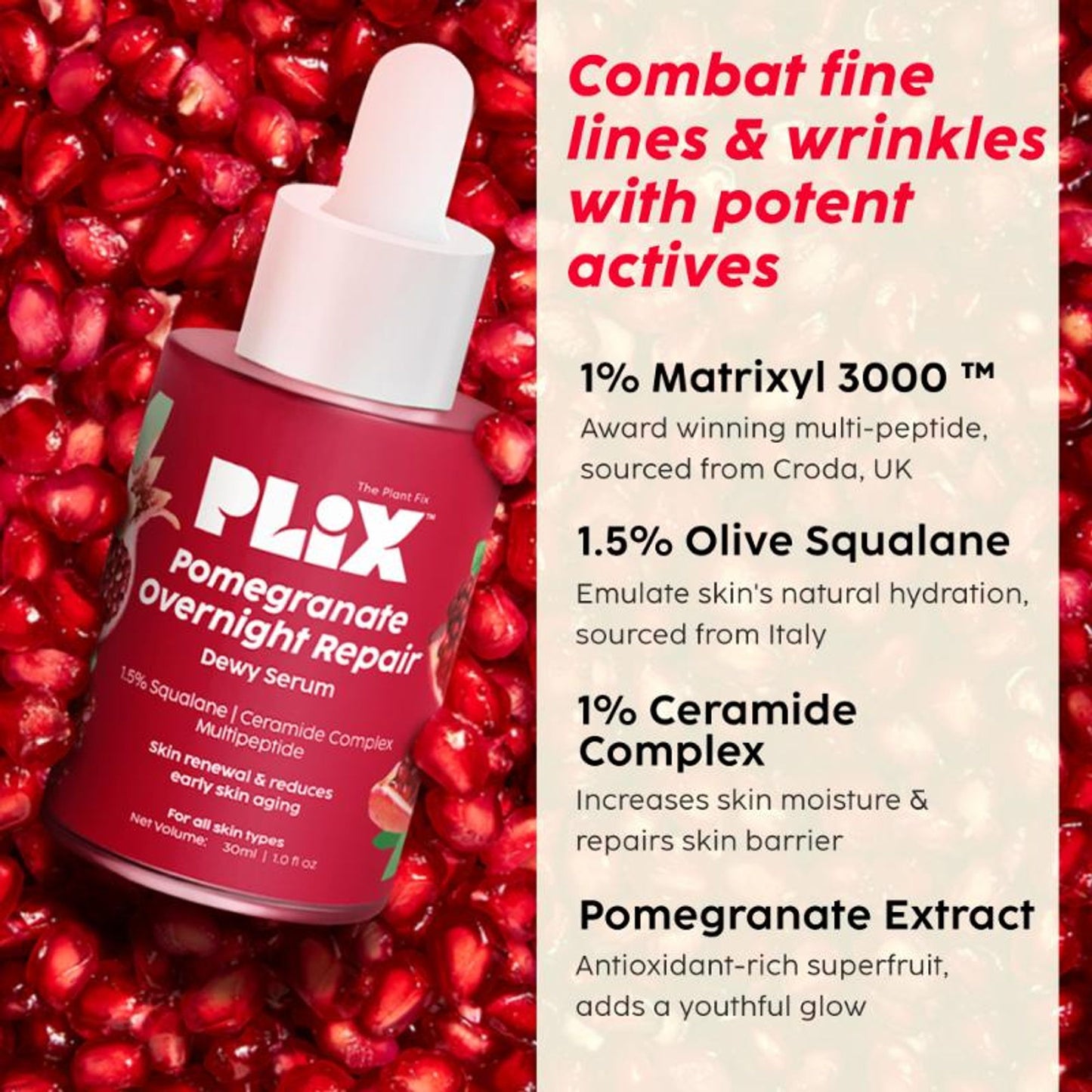 Plix Pomegranate Overnight Repair Dewy Serum for Ageless Glow With Ceramides Reduce Fine Lines