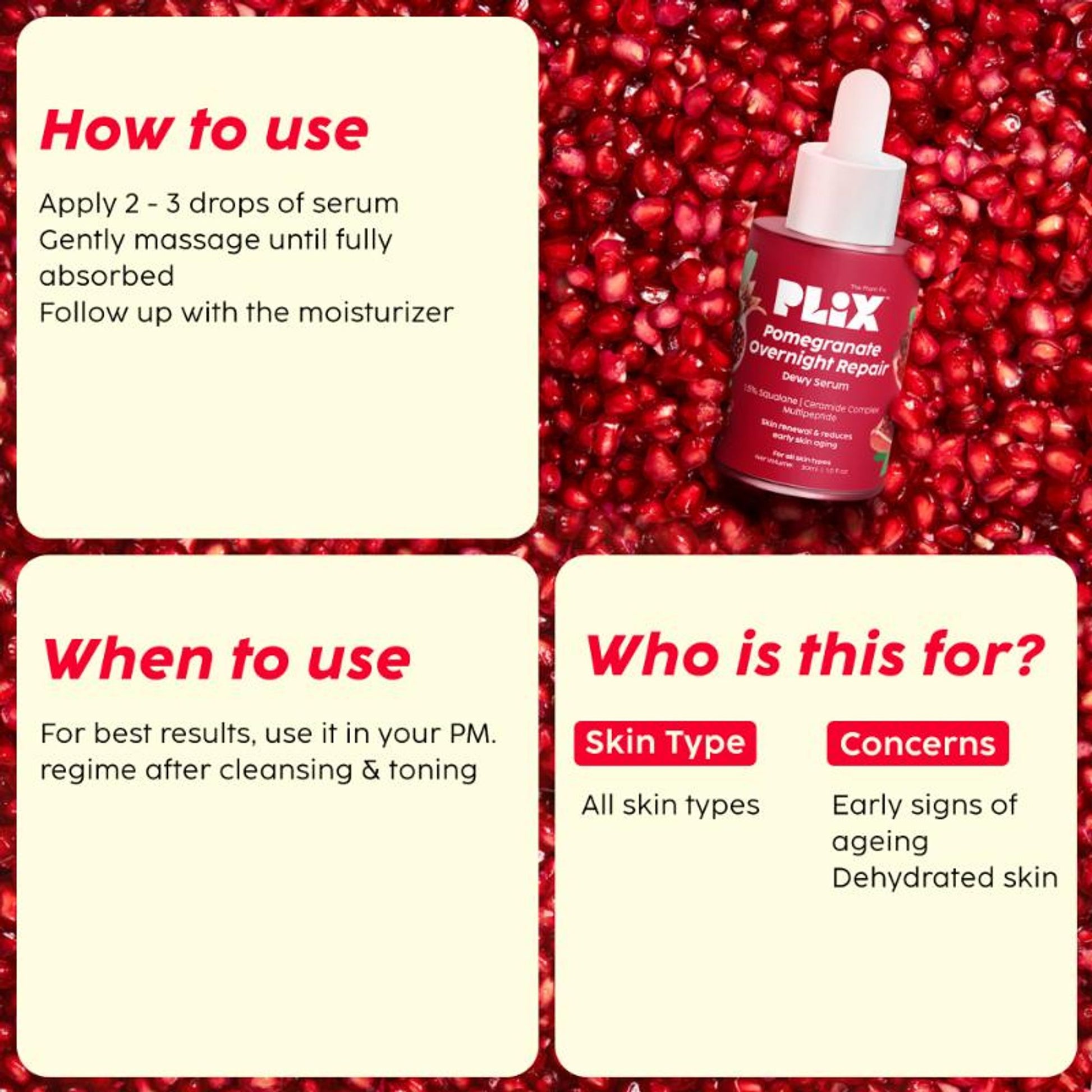 Plix Pomegranate Overnight Repair Dewy Serum for Ageless Glow With Ceramides Reduce Fine Lines