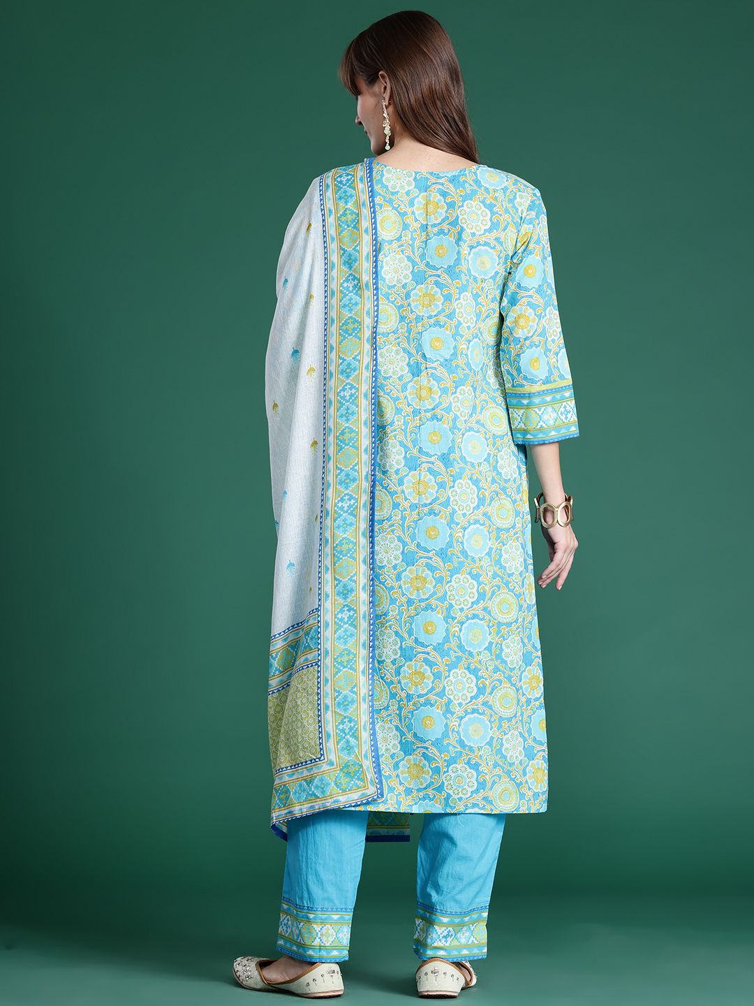 Floral Printed Mirror Work Pure Cotton Kurta with Trousers & Dupatta