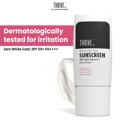 Thriveco Broad Spectrum Sunscreen For All Skin Types, SPF 50+ PA ++++, No Whitecast, Dewy Finish