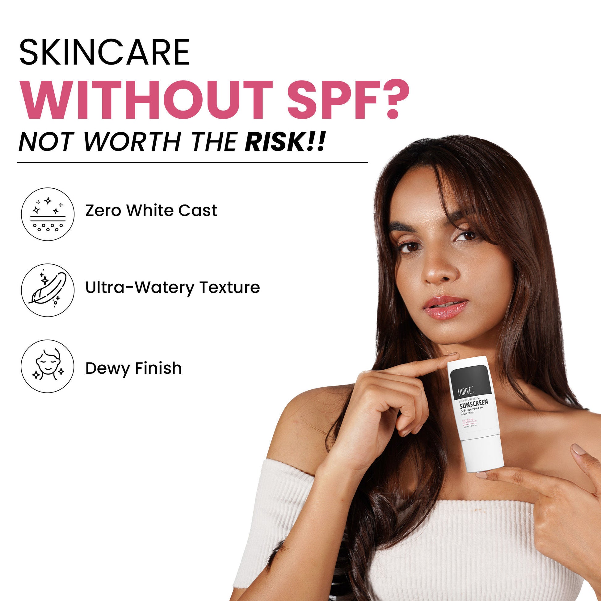 Thriveco Broad Spectrum Sunscreen For All Skin Types, SPF 50+ PA ++++, No Whitecast, Dewy Finish