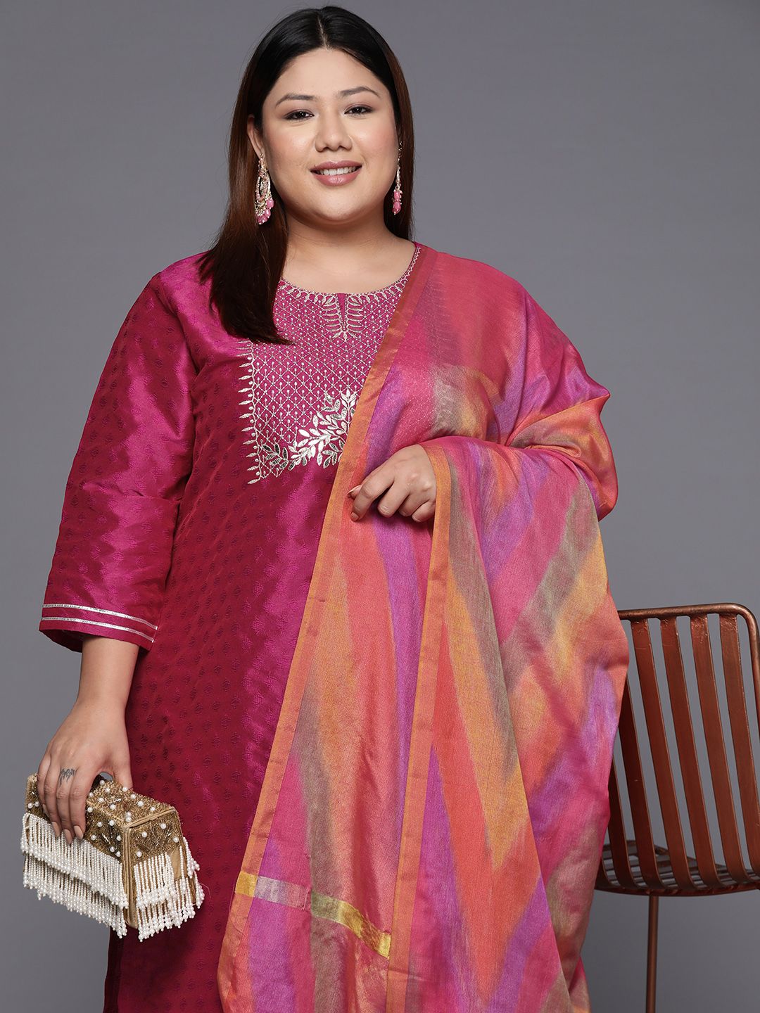 Indyancart VA Women's Magenta Floral Embroidered Kurta with Trousers & Dupatta