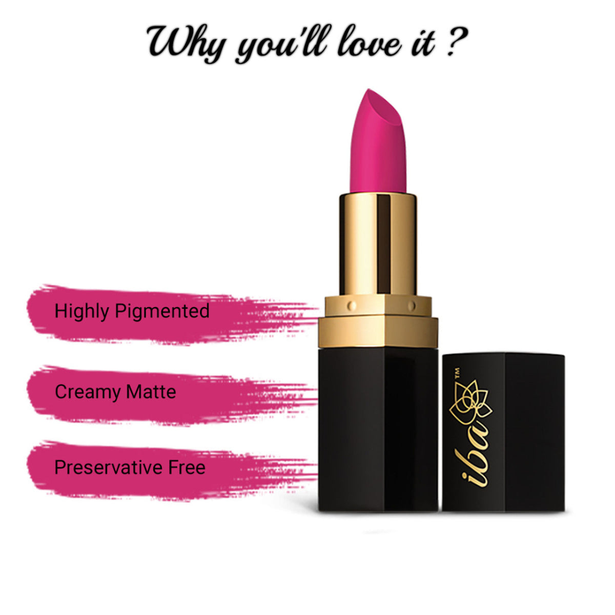 Iba Pure Lips Long Stay Matte Lipstick in M12 Pink Orchid, showcasing a vibrant pink lipstick tube with the product label.